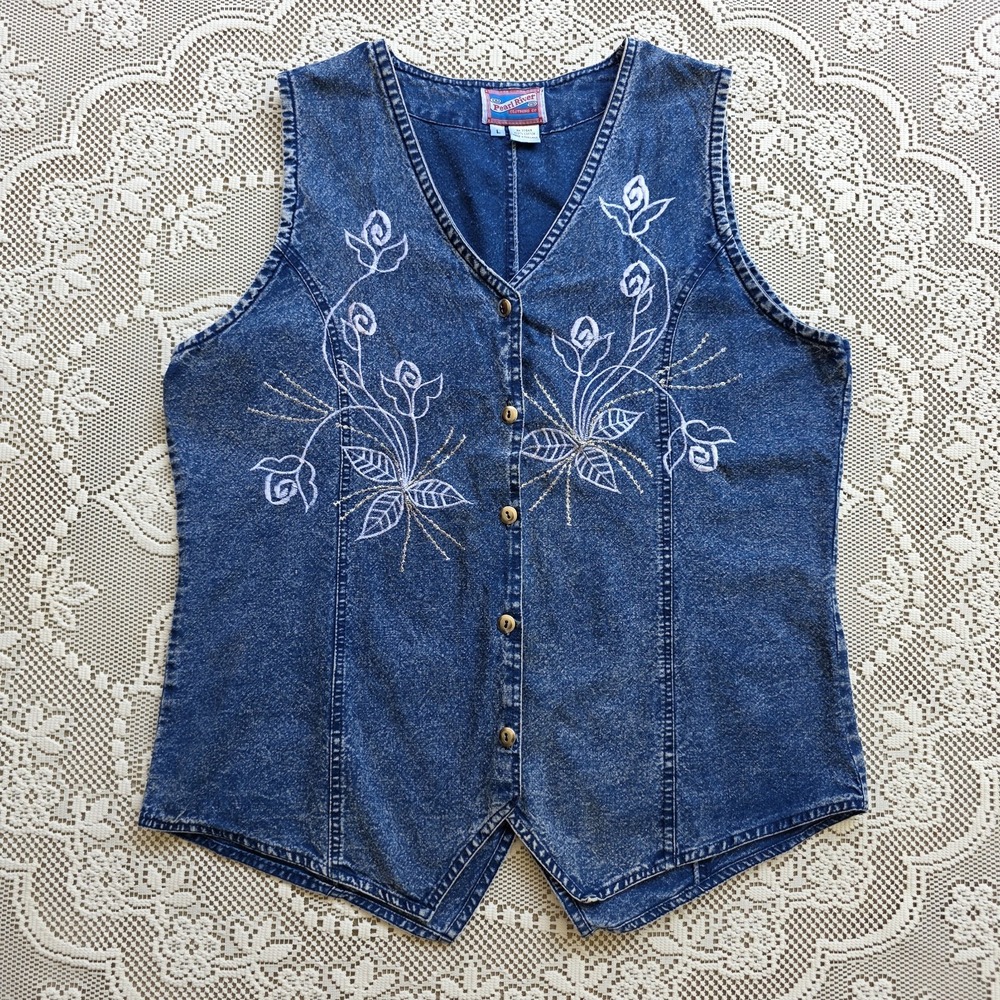 VTG Pearl River Denim Vest Size L/XL Acid Wash Floral 90s Cottagecore Western